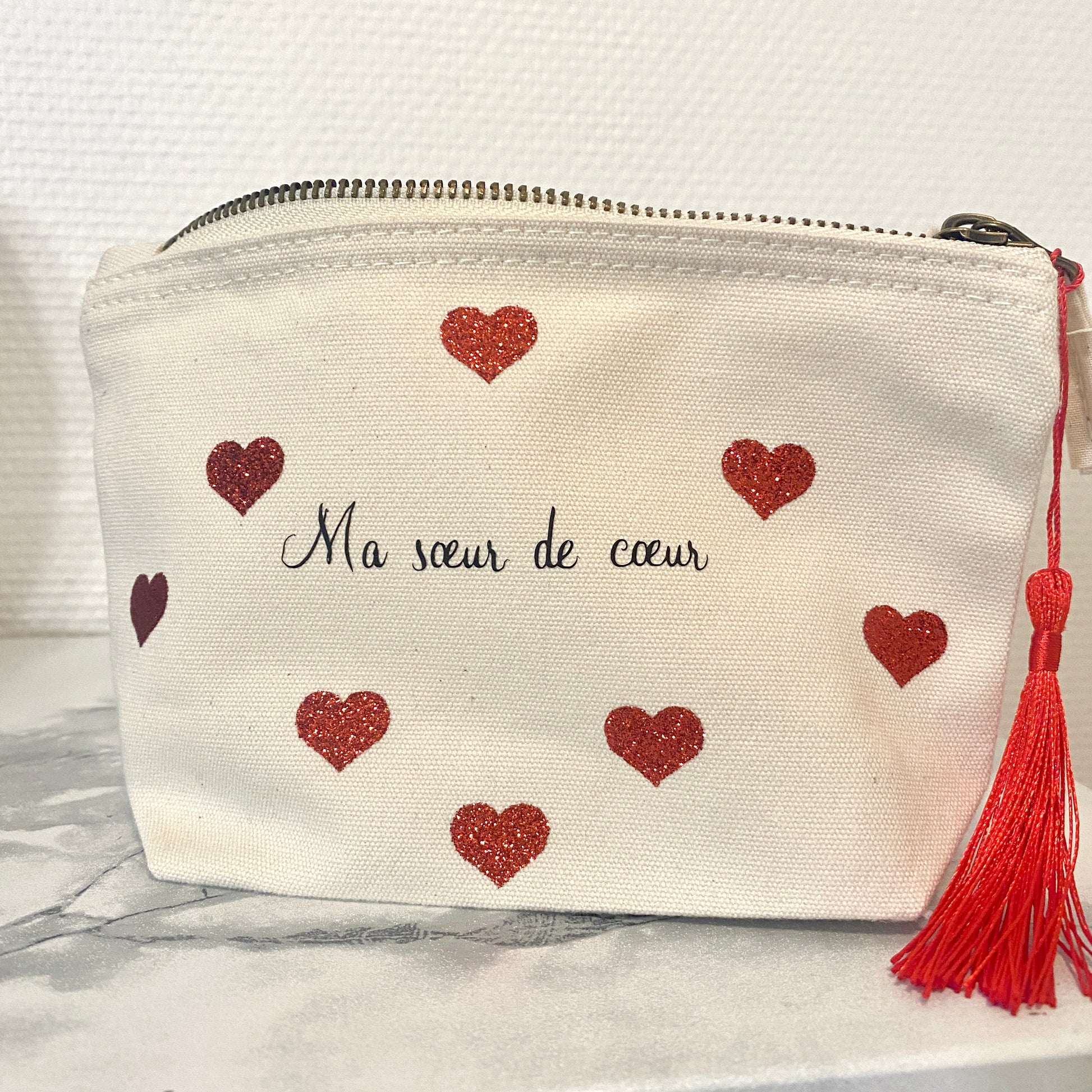 Mini pochette coeurs rouge (texte de votre choix)