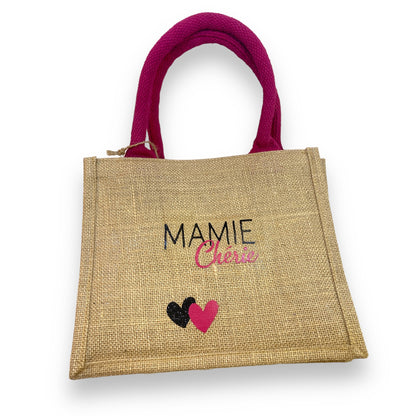 sac cabas en toile de jute anses fuchsia mamie cherie