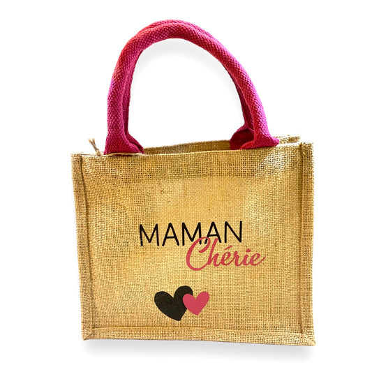 sac cabas en jute maman chérie naturel et rose fuchsia 