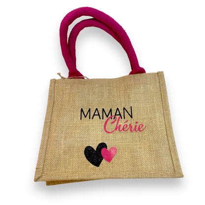 sac cabas en jute maman chérie naturel et rose fuchsia 