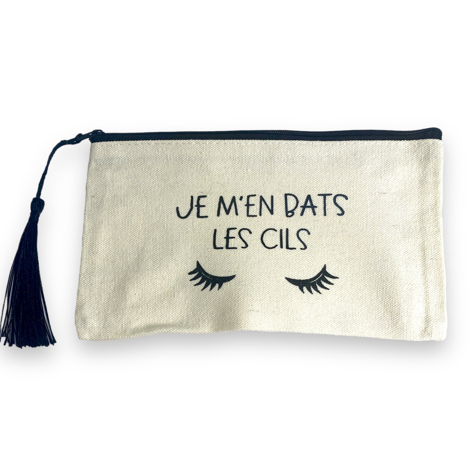 trousse pochette je m'en bats les cils jute naturel noir paillettes